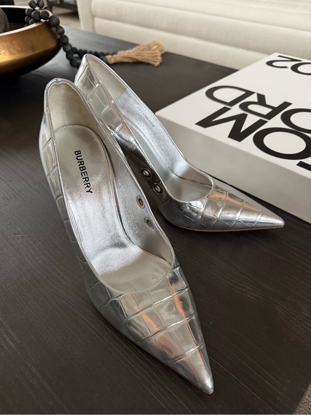 Burberry Metallic Silver Croc-Embossed Pointed-Toe Pumps